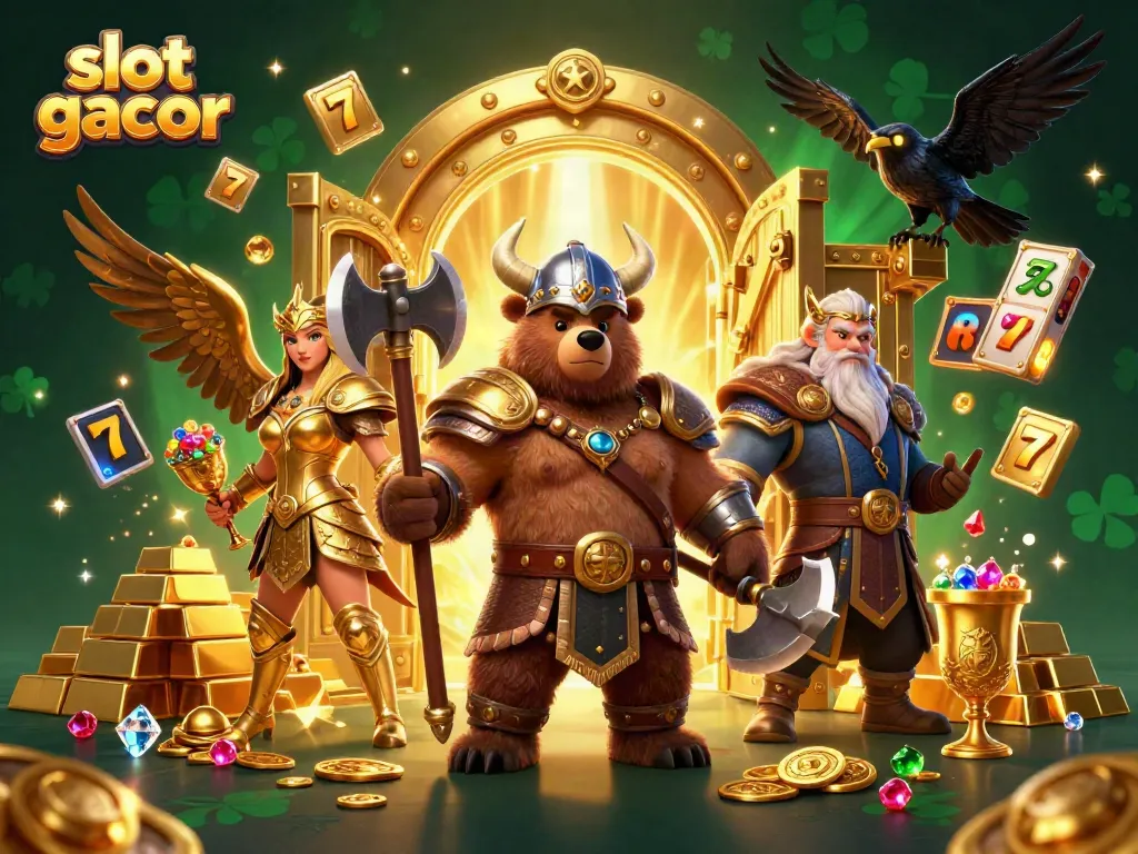 Engage with the vivid slot gacor scene featuring Viking characters, gold treasures, and dynamic elements.