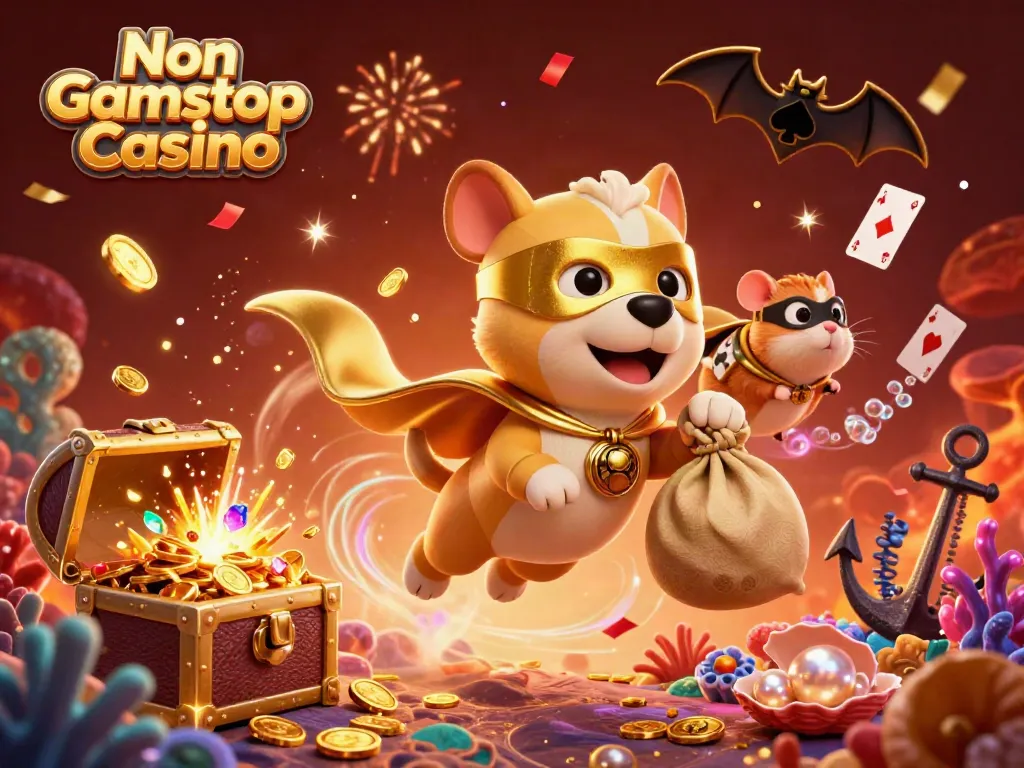 Experience the thrill of Non Gamstop Casino through a dynamic 3D illustration of a superhero dog and hamster, enriched with casino elements.