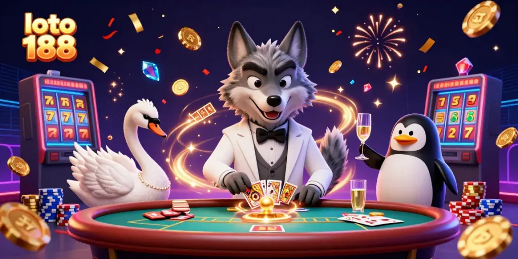 Engaging illustration of loto 188 casino scene featuring a wolf, swan, and penguin amidst dynamic gaming elements.