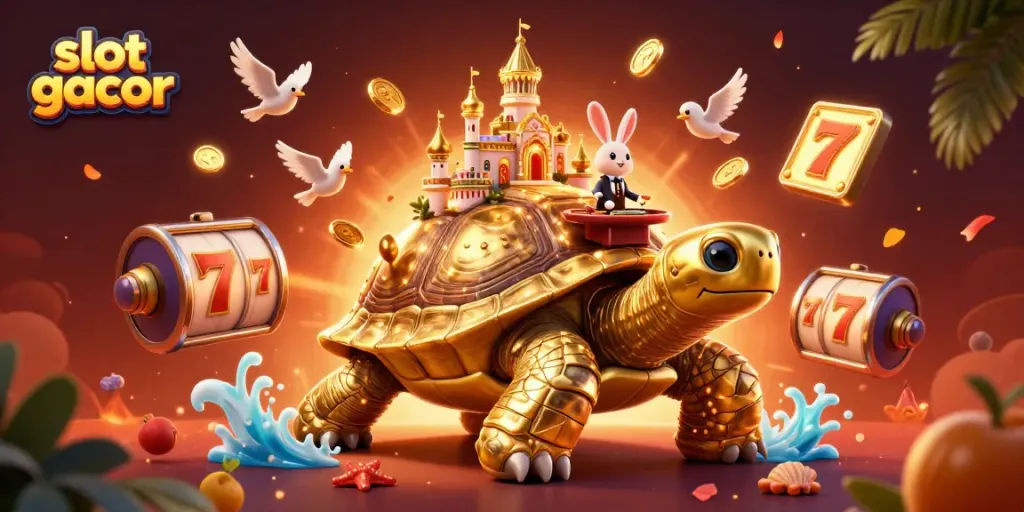 Play exciting slot gacor games while a golden tortoise and rabbit dealer create a festive casino atmosphere.