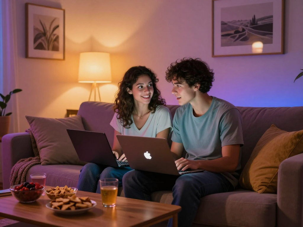 Your engaging NSFW AI chat scene with a young couple, showing intimacy and technology.
