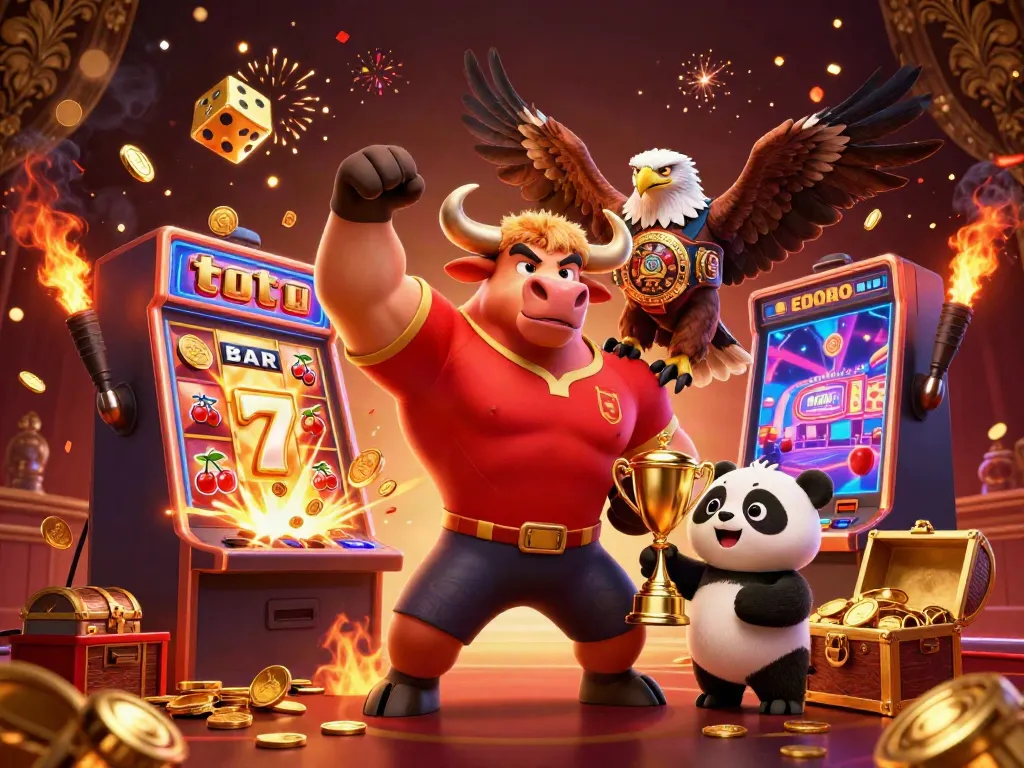 Experience the thrill of toto with a victory pose bull mascot, jackpot symbols, and vibrant casino elements.