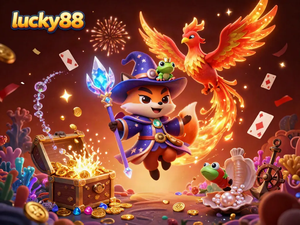 Check out lucky88, a vibrant 3D illustration showcasing a wizard fox, phoenix, and treasure at an online casino.