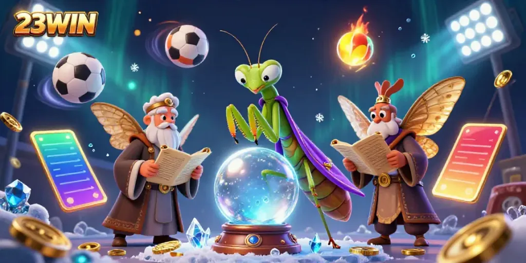 Engage in exciting gaming with 23WIN, featuring a dynamic illustration of lively casino elements and characters.