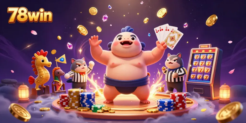 Engage in thrilling action at 78win with a fugu in a sumo belt, as slot machines spin and coins cascade.