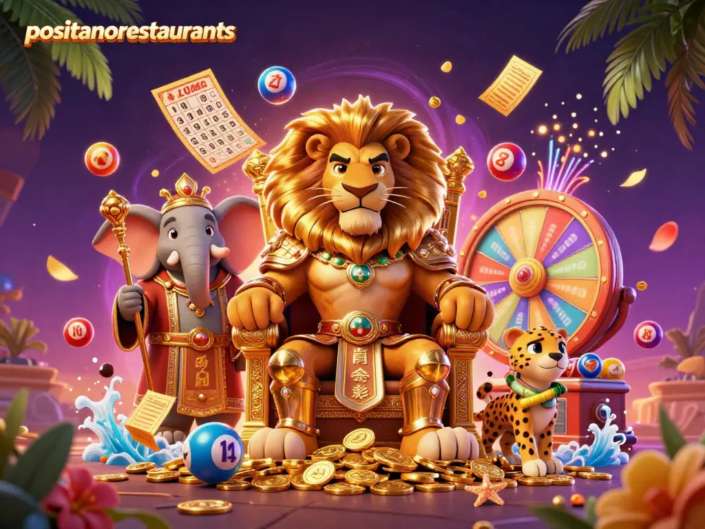 Engage with positanorestaurants' lottery extravaganza, showcasing animated characters and vibrant game elements.