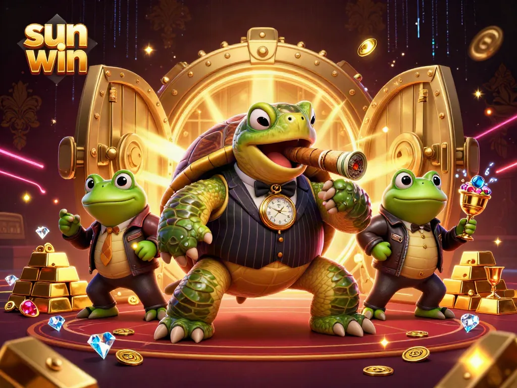 Experience excitement at sun win with a vibrant casino scene featuring a snapping turtle and bullfrog enforcers.