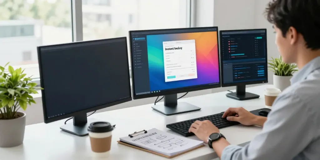 Digital marketer demonstrating instant indexing analytics in a bright workspace.