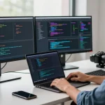 A vibrant tech workspace showcasing a software developer coding on a laptop, emphasizing juicy AI technology.
