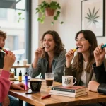 Friends enjoying thc pens in a trendy café with vibrant decor and cozy ambiance