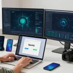 快速下载QuickQ应用程序的现代办公环境，展示个人与技术互动的职场氛围。