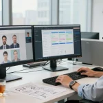 Business professional using remote call control technology in a modern office environment.