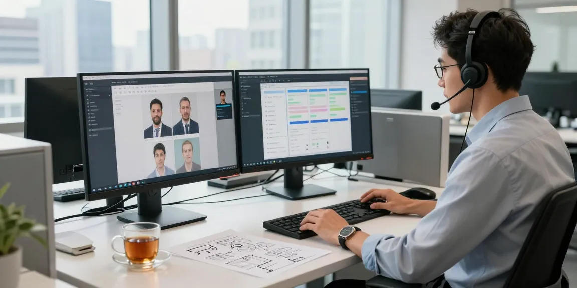 Business professional using remote call control technology in a modern office environment.
