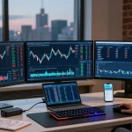 Investigador de estafas de criptomonedas analizando gráficos de trading en un entorno seguro y moderno.