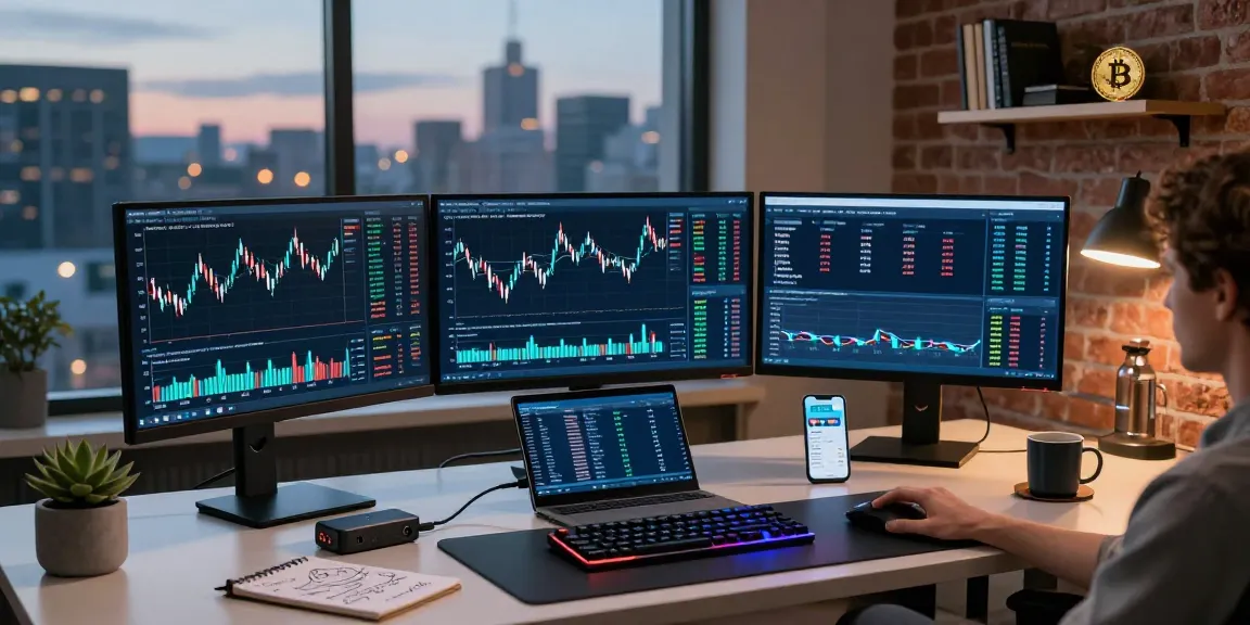 Investigador de estafas de criptomonedas analizando gráficos de trading en un entorno seguro y moderno.