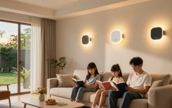 Aplice LED iluminând un living modern, oferind o atmosferă confortabilă pentru familie.