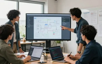 Build internal tools with AI in a collaborative office setting showcasing teamwork and software innovation.